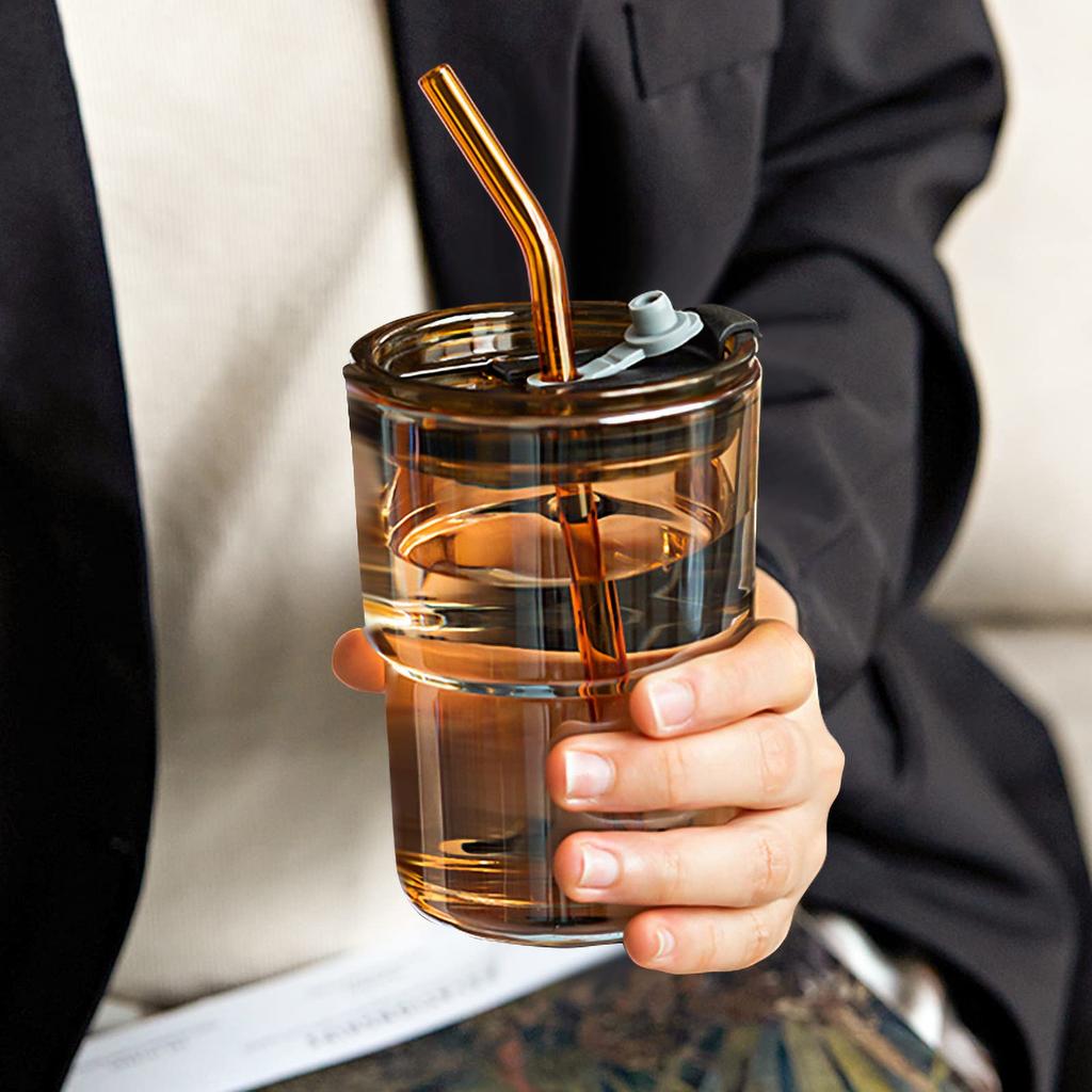 13oz/400ml Tumbler Water Bottle,Sealed Coffee Cups with Straw Lid,Thick Wall Insulated Glass Latte Cup,Amber for Iced Tea Juice