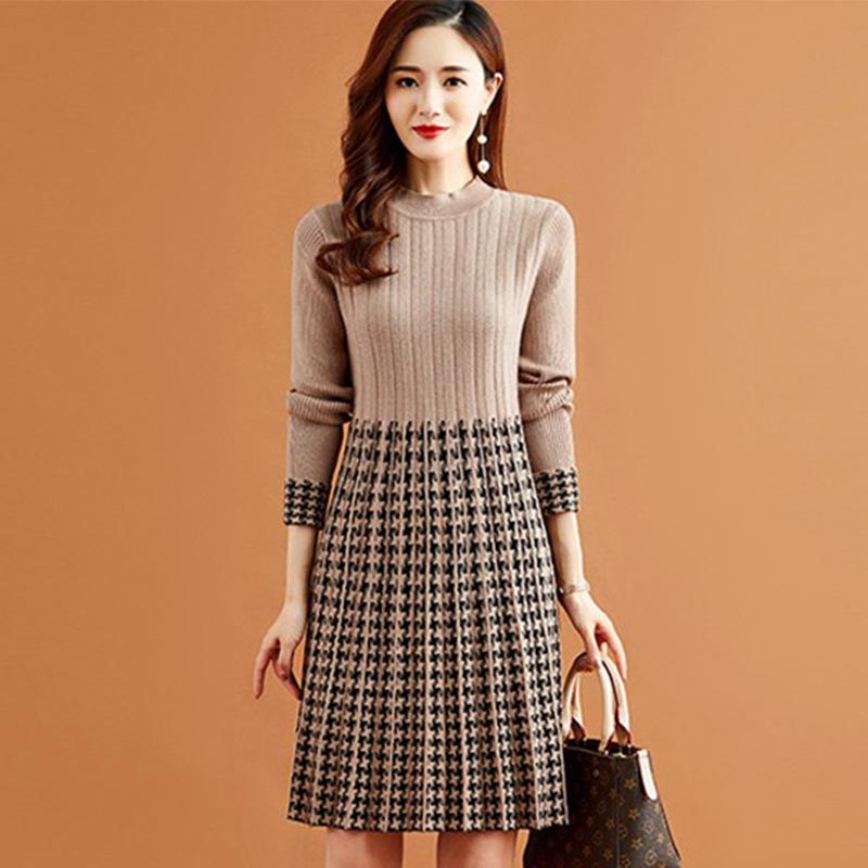 

Платье-свитер средней и длинной длины для женщин с длинными рукавами и тонким трикотажным платьем в клетку L хаки