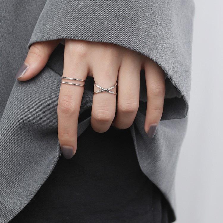 Double-Line Criss-Cross Adjustable Pure Silver Finger Ring for Women