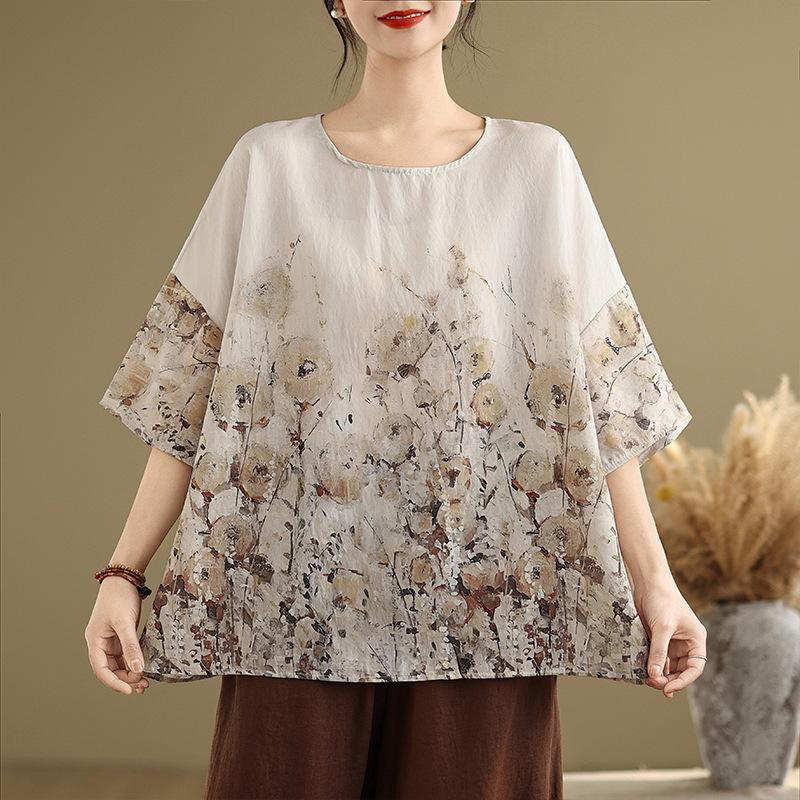 Ethnic Style Summer Blouse Cotton Ethnic Style Shirt Bat Sleeve Loose Large Round Neck T-shirt for Women