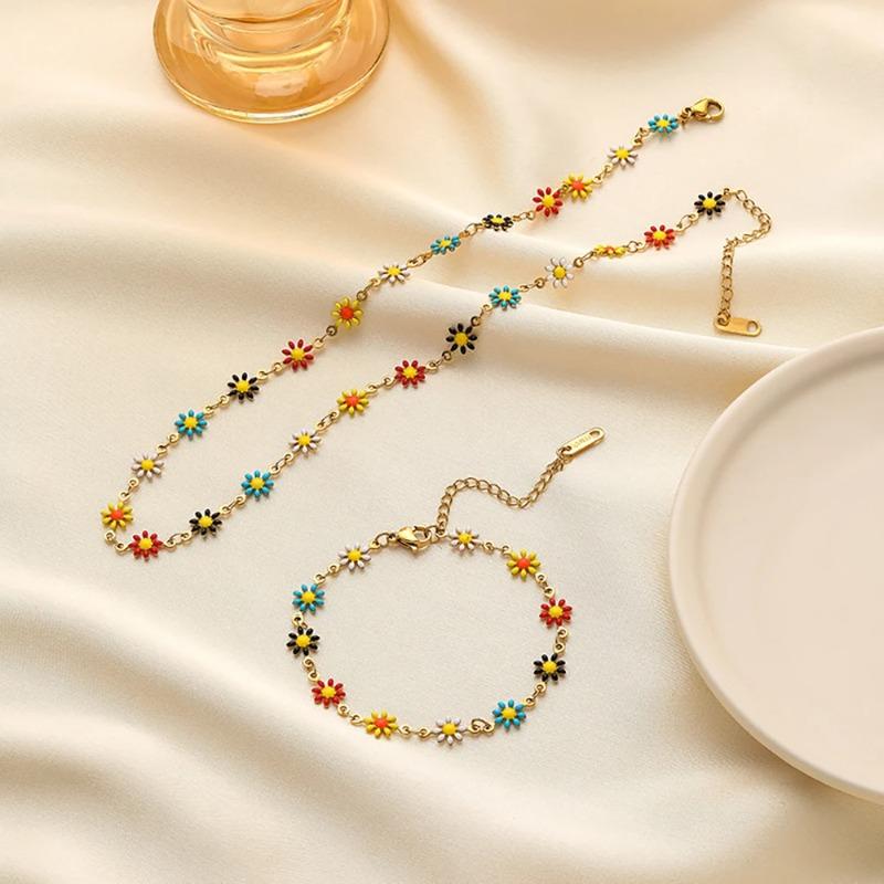 Stainless Steel Daisy Flower Bracelet Necklace for Women Girl Candy Color Sunflower Waterproof Non Fading Jewelry