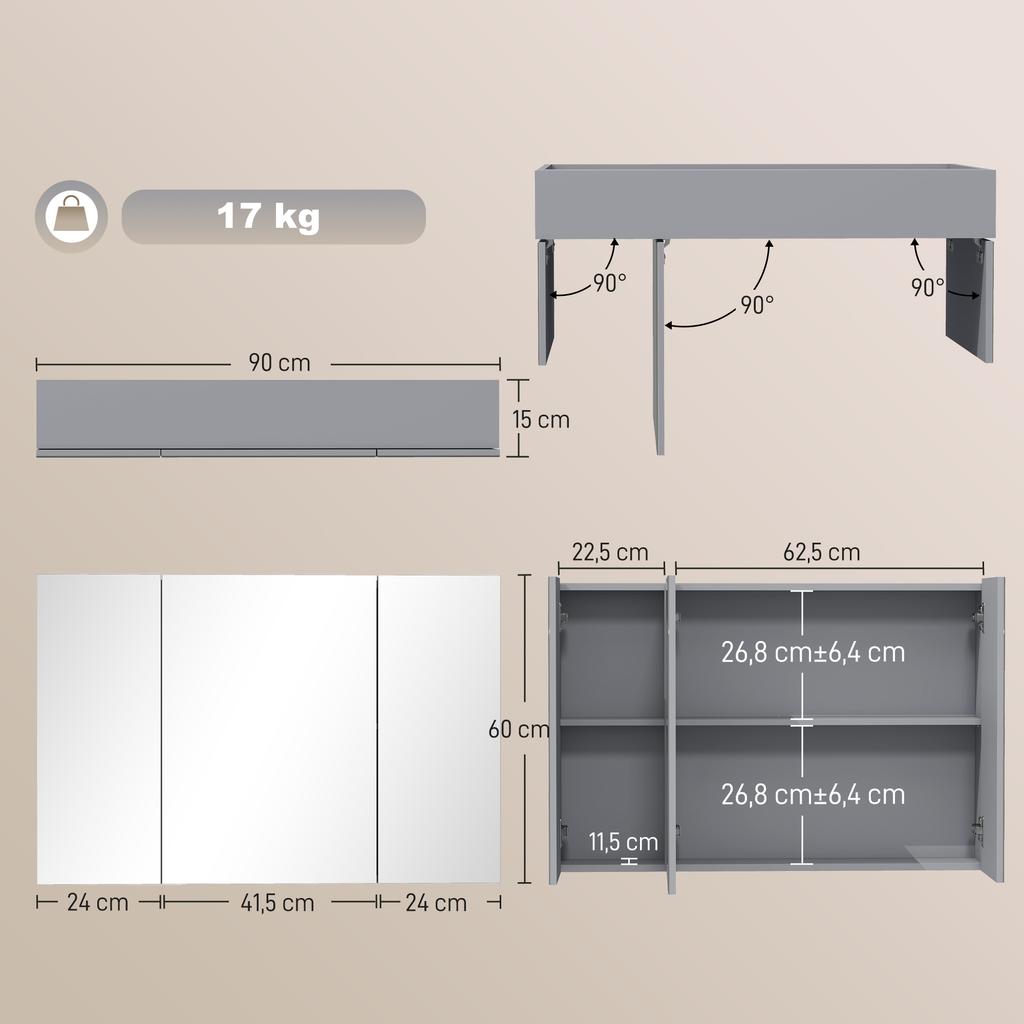 Wall-Mounted Bathroom Mirror Cabinet, Medicine Cabinet with 3 Doors, Adjustable Shelves, Grey