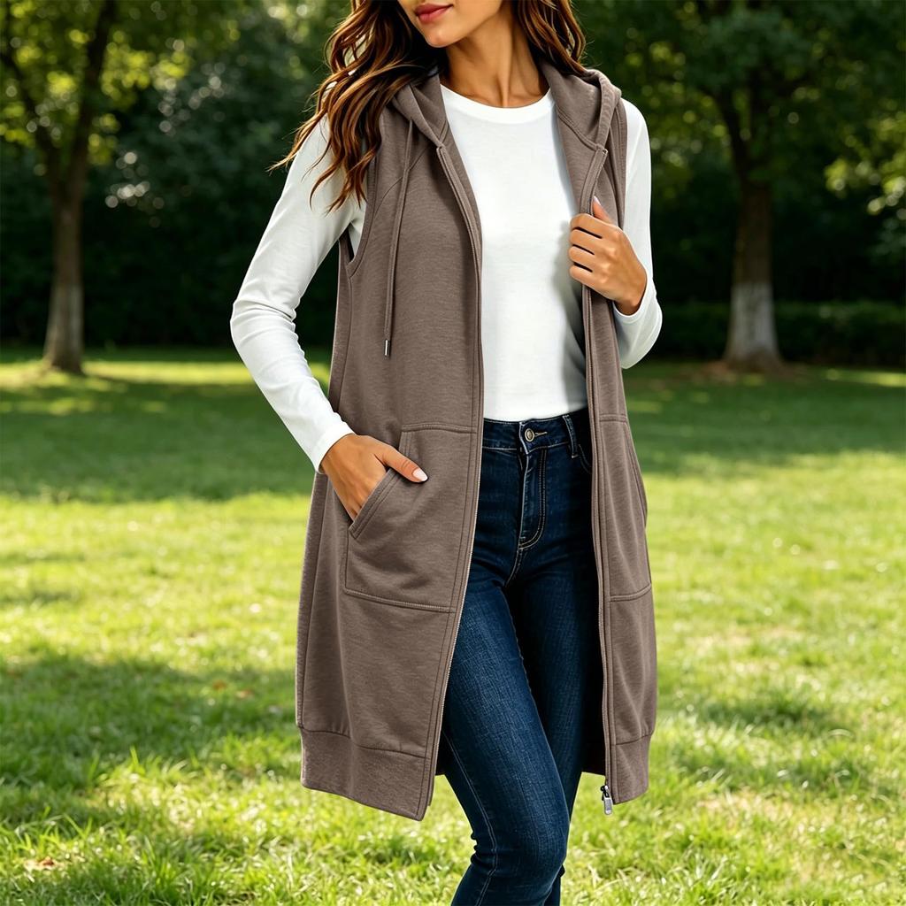 Women's Hooded Sleeveless Long Vest with Pockets - Color Loose Fit Casual Jacket
