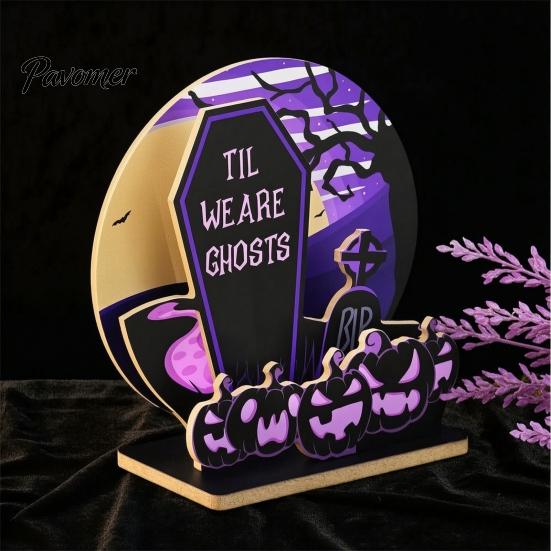 Indoor Festive Scene Layouts Halloween Table Centerpiece, Wooden Tombstone Pumpkin Tabletop Sign, Purple And Black Party Decor Spooky Cemetery