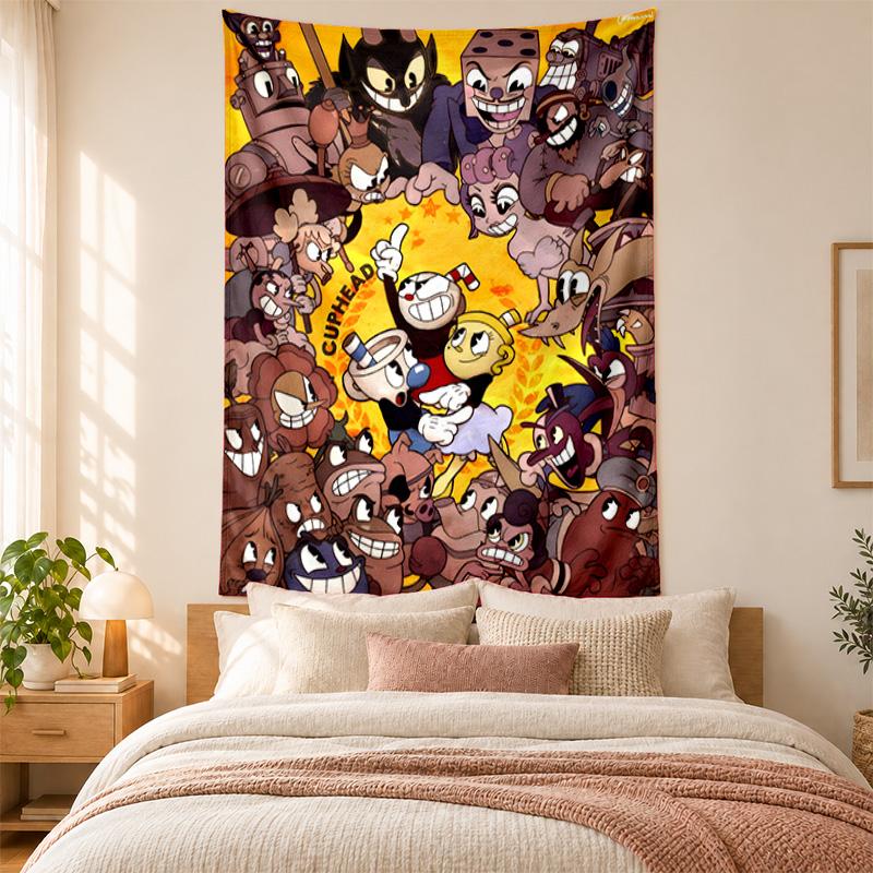 Tapiserie Cuphead de înaltă calitate pentru decorarea pereților din sufragerie, dormitor, cămin, ideală ca artă murală pentru dormitor sau cadou de sărbători