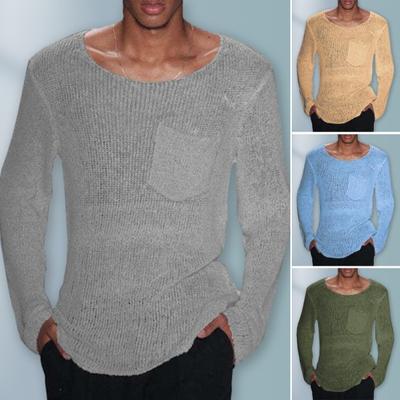 Men O-Neck Long Sleeve Knitting Sweater Solid Color Hollow Out Casual Pullover
