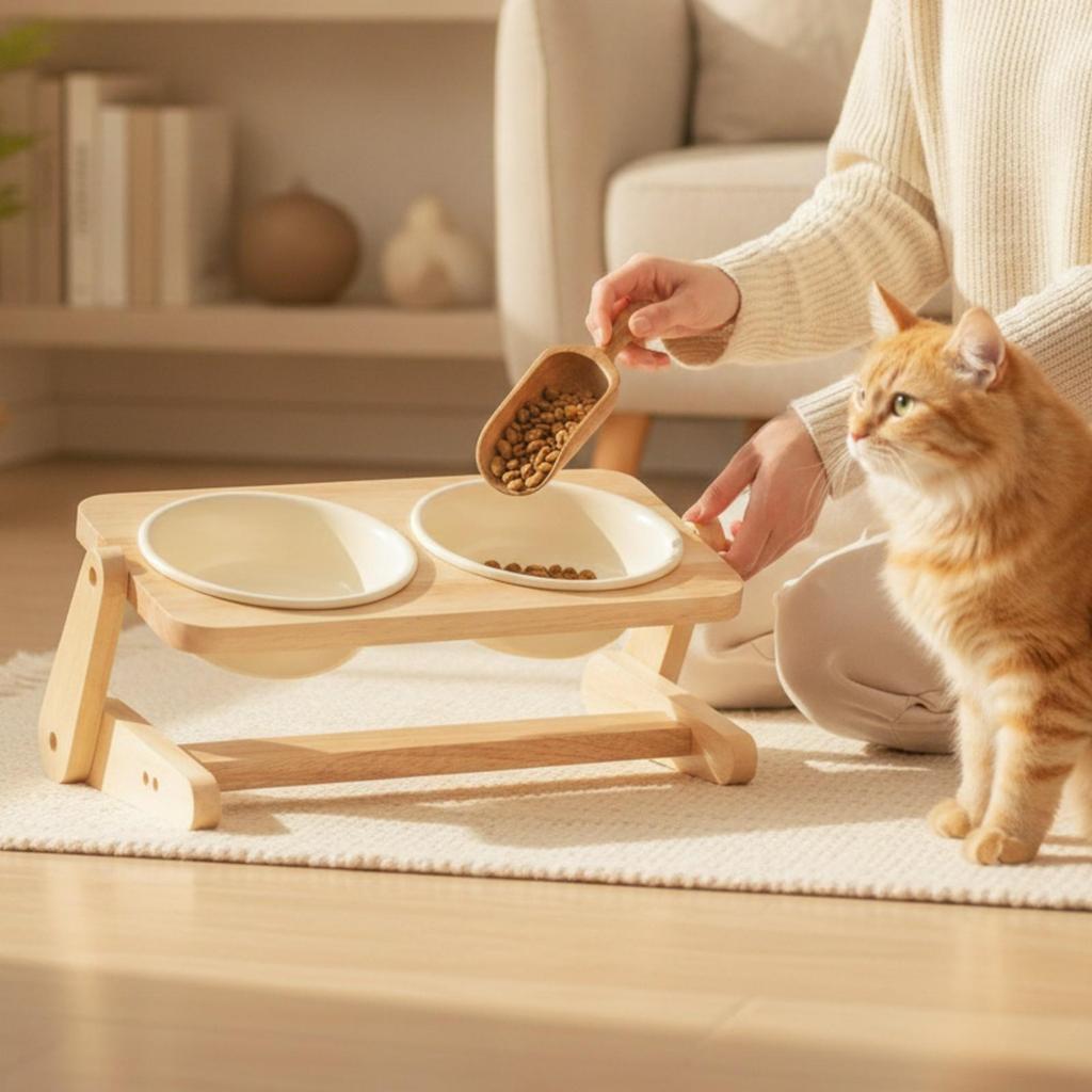 2 Pieces Pet Bowls Easy to Clean Ceramic Bowl with Wooden Stand Stable