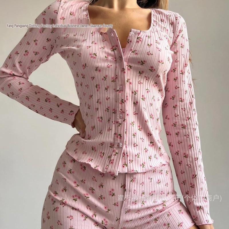 2026 Spring/Summer European & American Knitted Pajama Set: Printed Long Sleeve, Short Pants, Versatile 3-Piece for Outdoor Wear