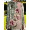 Women's Large Size Vintage Rose Print Long Sleeve T-Shirt with Pockets