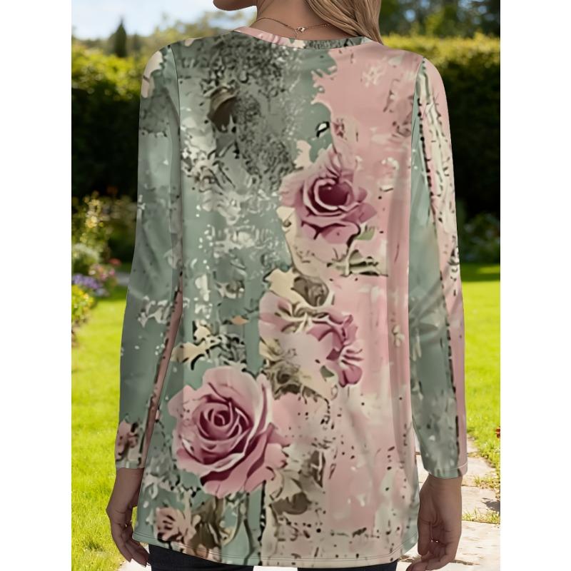 Women's Large Size Vintage Rose Print Long Sleeve T-Shirt with Pockets