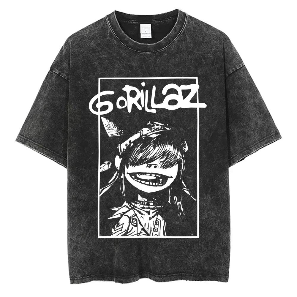 Washed Vintage Rock Band Gorillaz The Now Now Album Graphic Tshirt Men Retro Gothic Punk Tshirt Male Hip Hop Oversized T Shirt