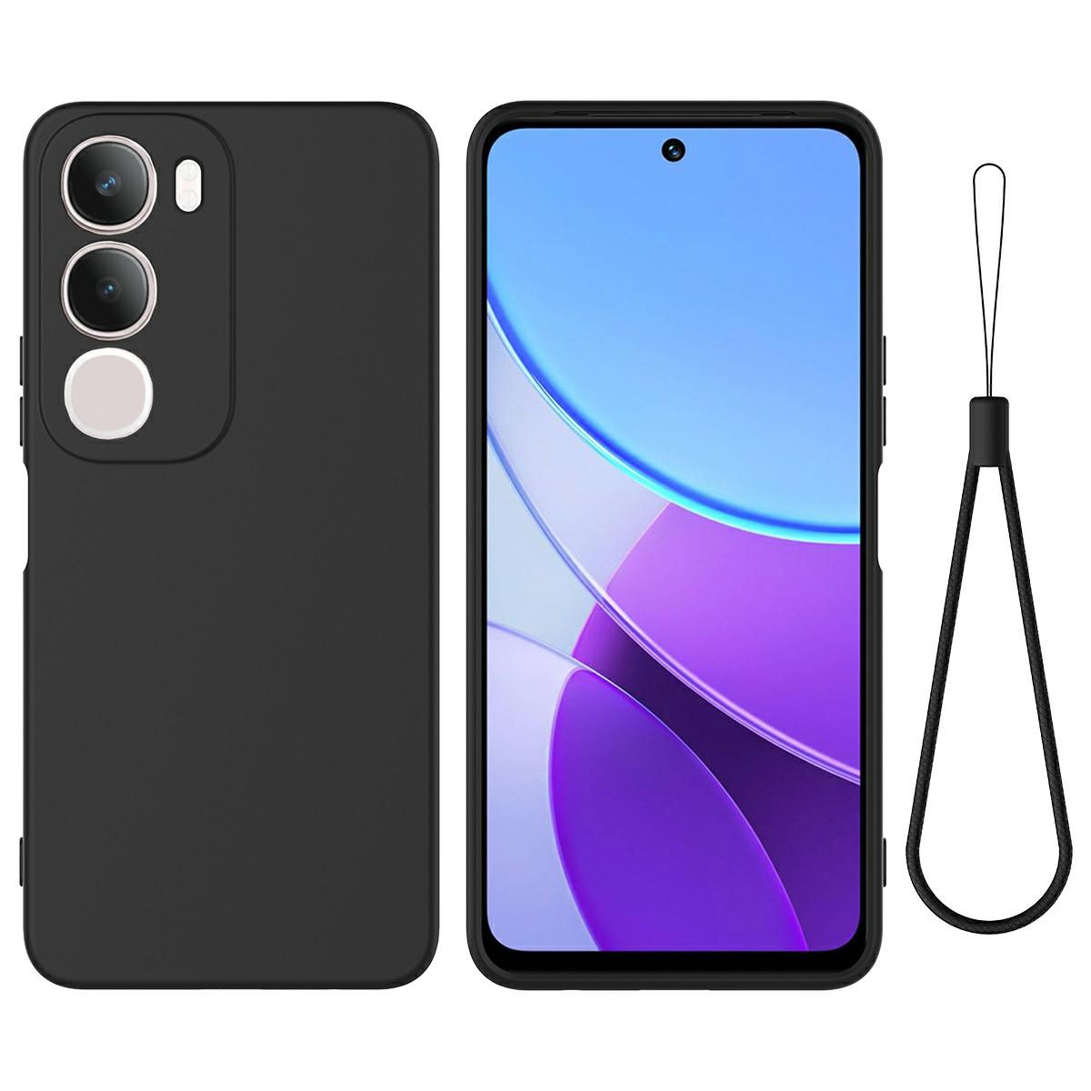 

Для vivo Y19s 4G Чехол Жидкий силиконовый чехол для телефона с ремешком для руки Black