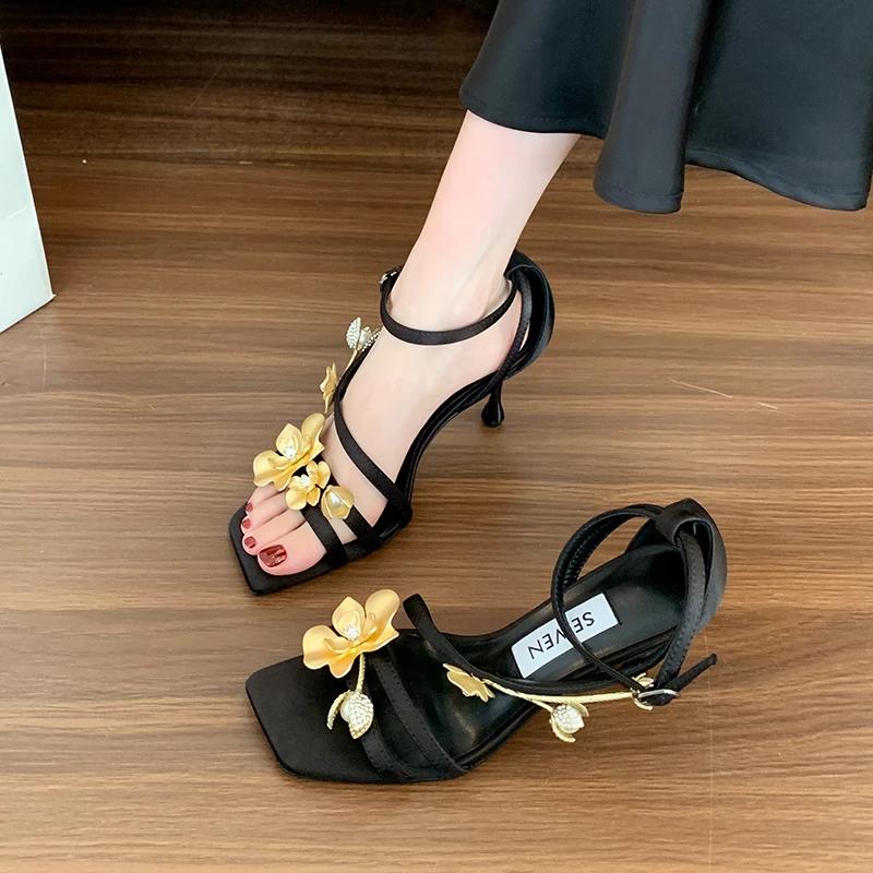 New Women's High Heels Sandals Thin Heels Flower Heel Wrap High Heel Dress Square Toe One-line Buckle Fashion Sandalias De Mujer