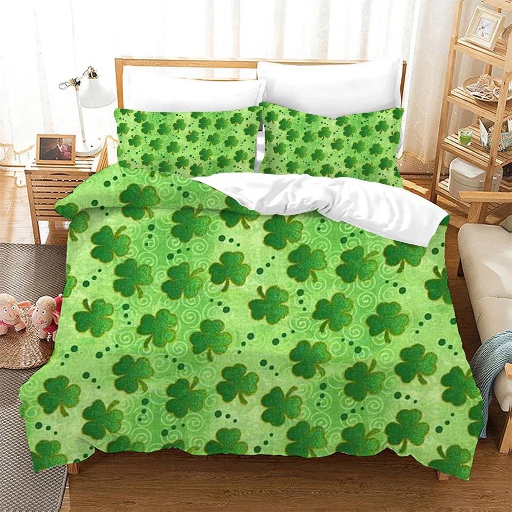 St. Patrick'S Day Duvet Cover Set Lucky Clovers Bedding Set Microfiber Green Four Leaves Clover Comforter Cover Twin Queen Size