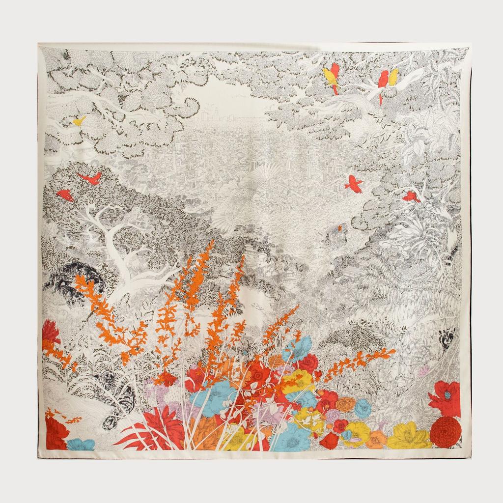 Silk Wool Black and White Cartoon Wool Scarf Silk Scarf Mulberry Silk Large Square Scarf Autumn and Winter Warm and Elegant Ladies Square Scarf