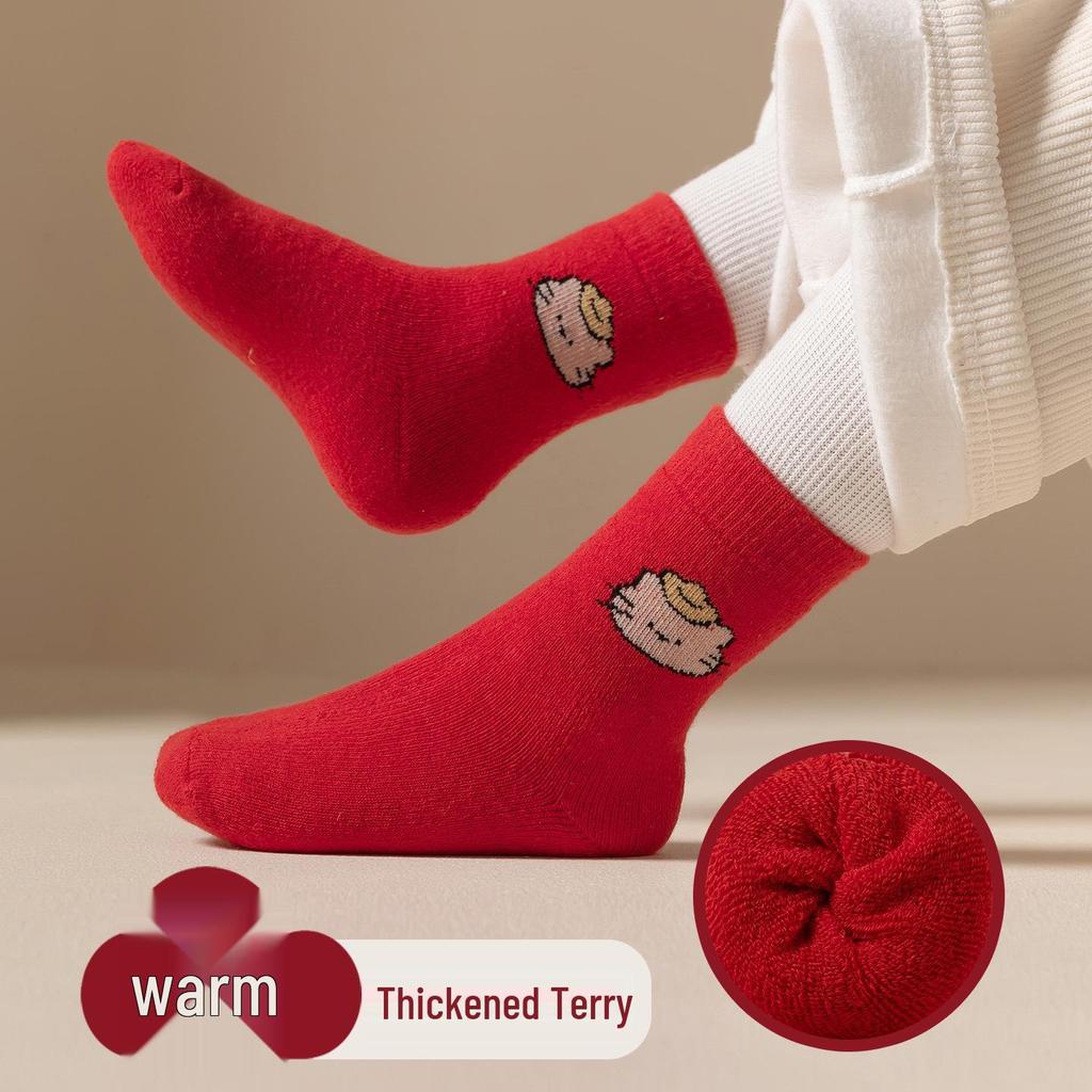 Velvet-Lined Children's Winter Socks: Year of the Rat, Mid-Calf, Red Cotton, Warm Terry for Boys & Girls