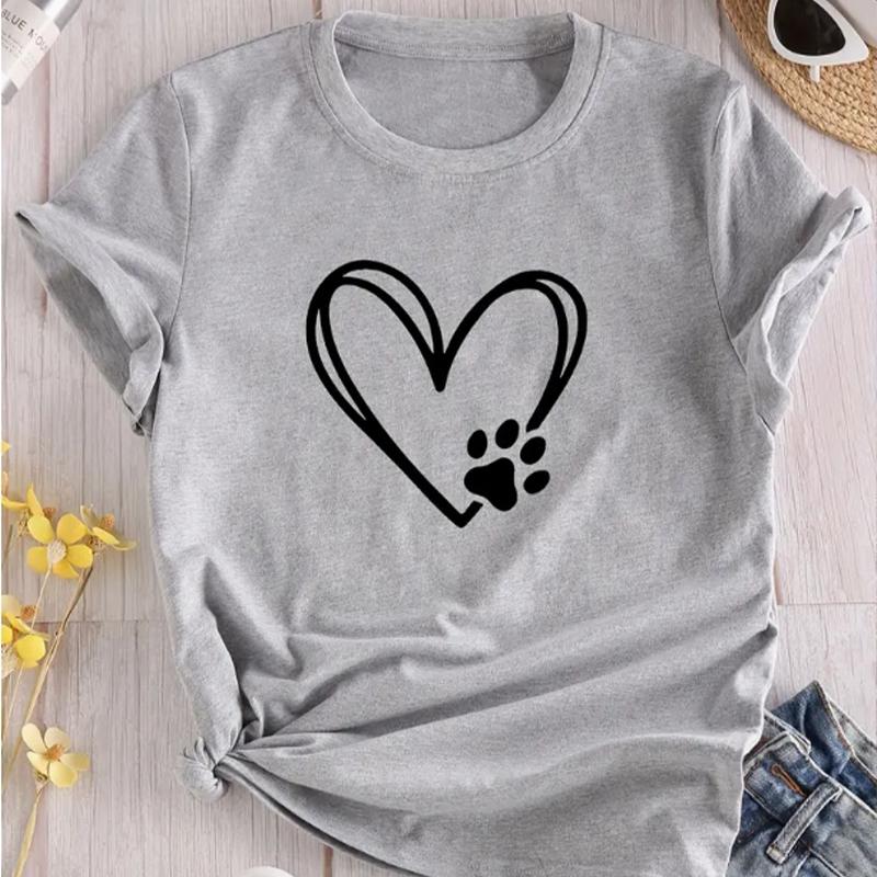 Love Cartoon Print Crew Neck T-shirt Casual Loose Short Sleeve Fashion Summer T-Shirts Tops Women's Clothing