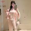 [Bright Girl] 1011 Spring New Three-piece Pajamas Belly Pocket Mesh Pure Desire Homewear Long Sleeve National Style