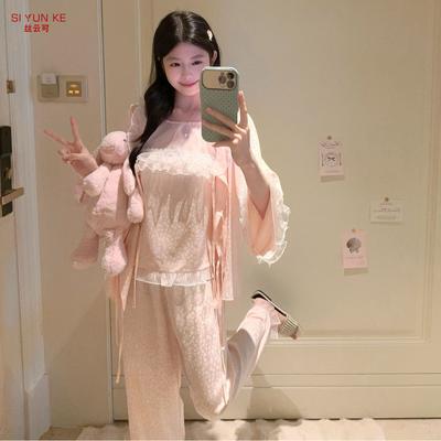 [Bright Girl] 1011 Spring New Three-piece Pajamas Belly Pocket Mesh Pure Desire Homewear Long Sleeve National Style