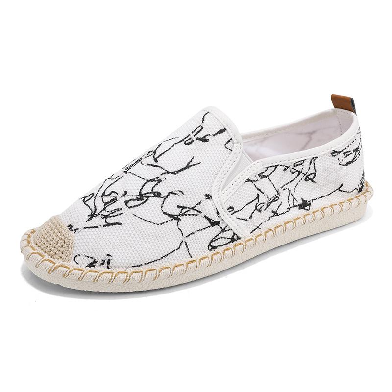 2024 New Classic White Men's Fisherman Loafers Fashion Print Canvas Shoes Man Flats Espadrilles Breathable Male Summer Footwear
