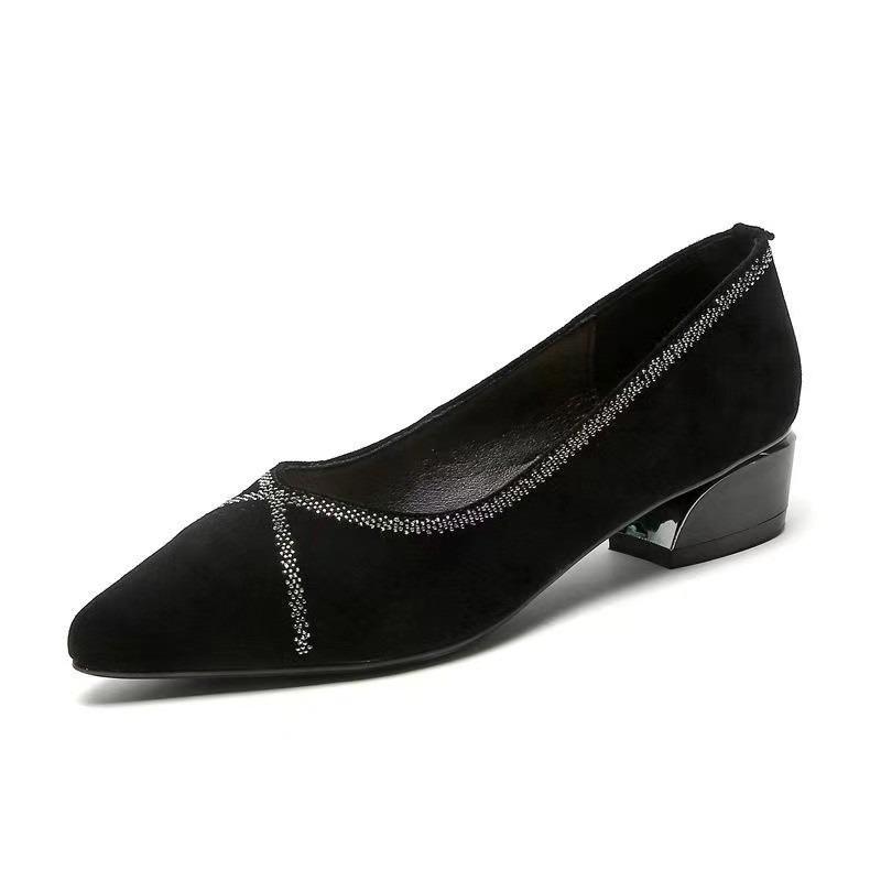 Shallow Single Shoes Rhinestone Women's Spring and Autumn New Pointed Thick Heel Mother Shoes Suede Low Heel Comfortable Mesh Women's Shoes
