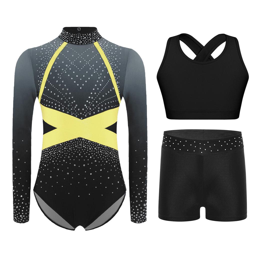 Girls Sparkly Rhinestones Color Block Leotard Long Sleeve Keyhole Back Design Cross Back Vest Shorts Skating Outfit