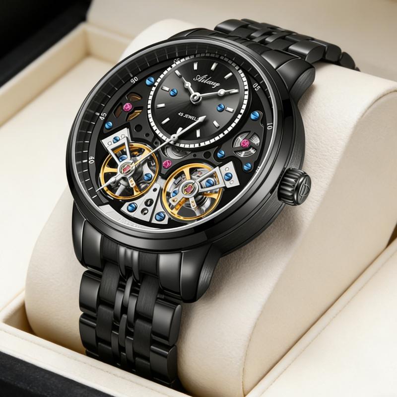 Super Cool Black Steel Double Tourbillon Men's Watches Independent Seconds Automatic Mechanical Watch Men Fashion Relogio