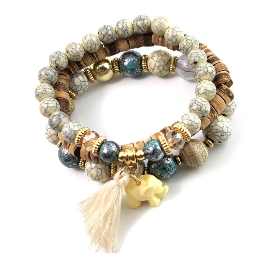 Bohemian Ethnic Beaded Bracelets with Elephant and Tassel бежевый