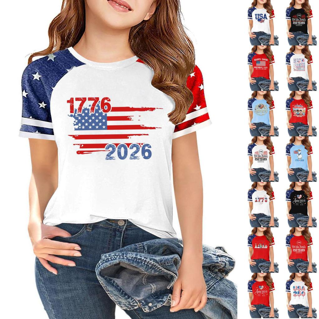 Kids Independence Day Printed Crew Neck Short Sleeve Casual T Shirt USA Map Graphic Raglan Sleeves Tee for Boys Girls Summer Wear