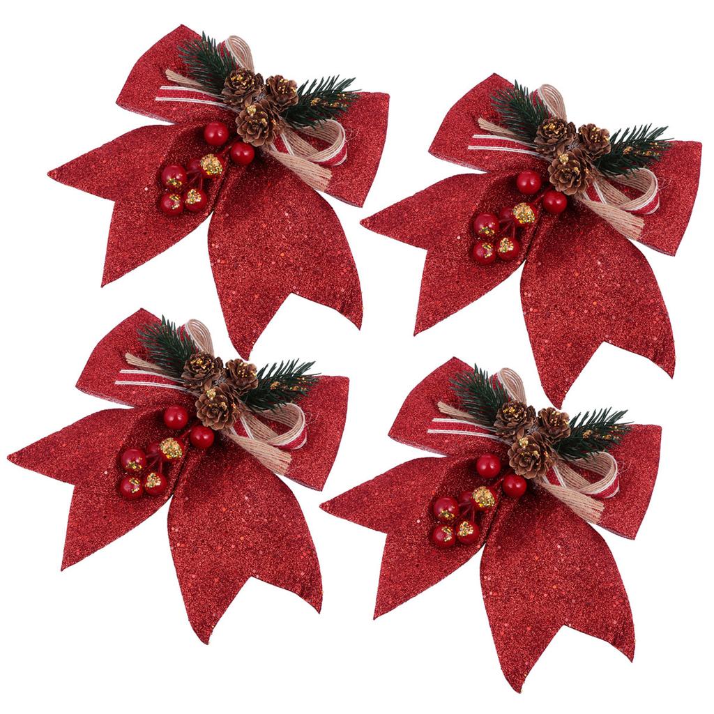 4pcs Christmas Tree Hanging Decorations Glitter Pine Cone Bows For Holiday Home Party Decoration Xmas Ornament Festive Supplies