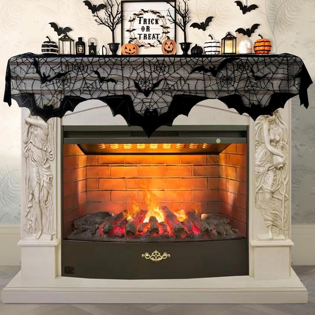 AerWo Halloween Decoration Black Lace Spiderweb Fireplace Mantle Scarf Cover Festive Party Supplies