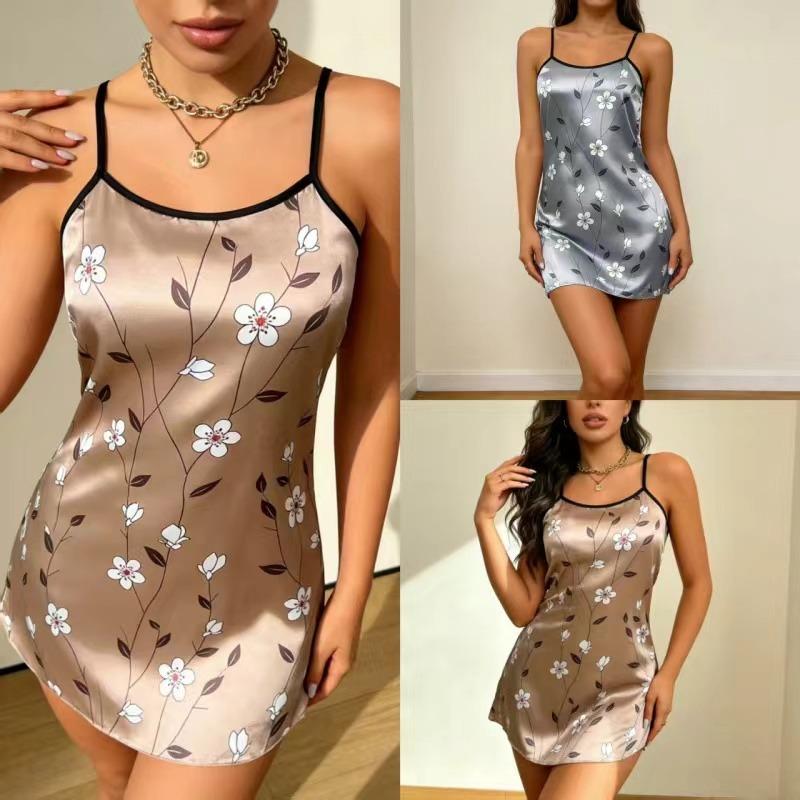Kadın Uyku Elbisesi Saten Çiçek Baskılı Gecelik Rahat Spagetti Askılı Uyku Giyimi Elbise Lüks Saten Slip Gecelik