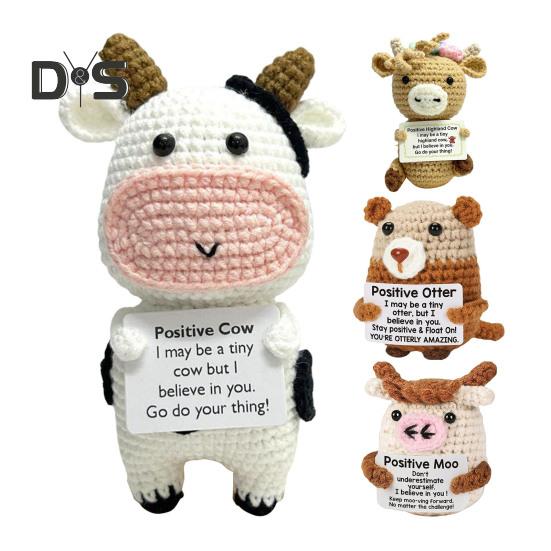 Positive Crochet Mini Cow Doll Handmade Knitting Stress Relief Otter Ornament Fun Emotional Support Animal Home Room Table Shelf Decoration Birthday
