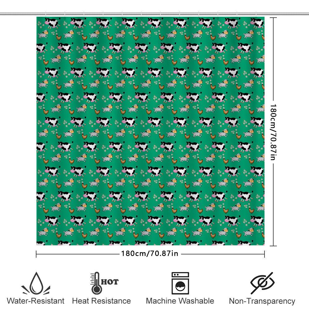 Farm Fresh Shower Curtain Cow Chicken Print Home Decor Waterproof Fabric Kitchen Bath Rug Blue Green Patterned Shower Panel Set