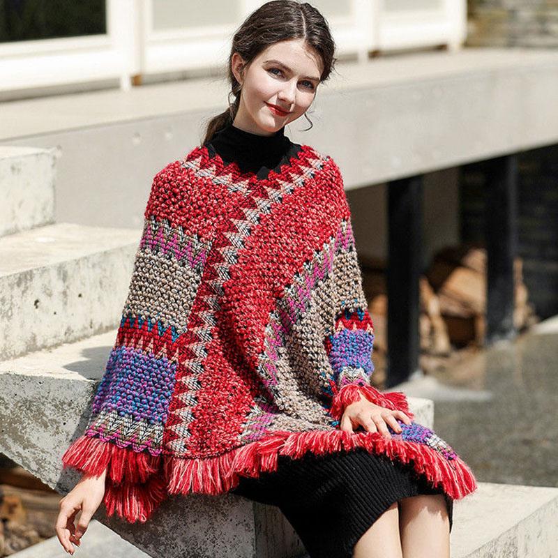 Vitange  Ethnic Pullover Sweater Coat Women Autumn Color Block Striped Loose Knit Sweater Fringed Hem Shawl Top