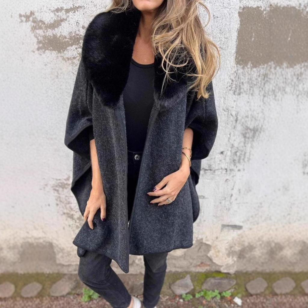 2025 New Women's Autumn Winter Loose Long Sleeve Lapel Faux Fur Collar Cloak Coat Outerwear