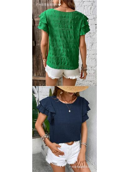 Women's Summer Double-layer Ruffled Sleeve Round Neck Pullover T-shirt