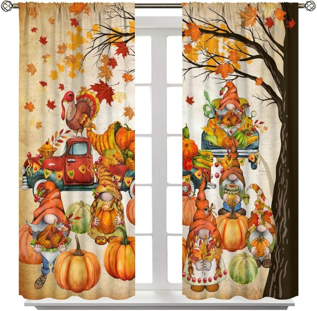 Fall Curtain Gnomes Autumn Thanksgiving Watercolor Maple Leaf Pumpkin Window Drapes Kitchen Living Room Treatments Curtains Polyester Great Treatment
