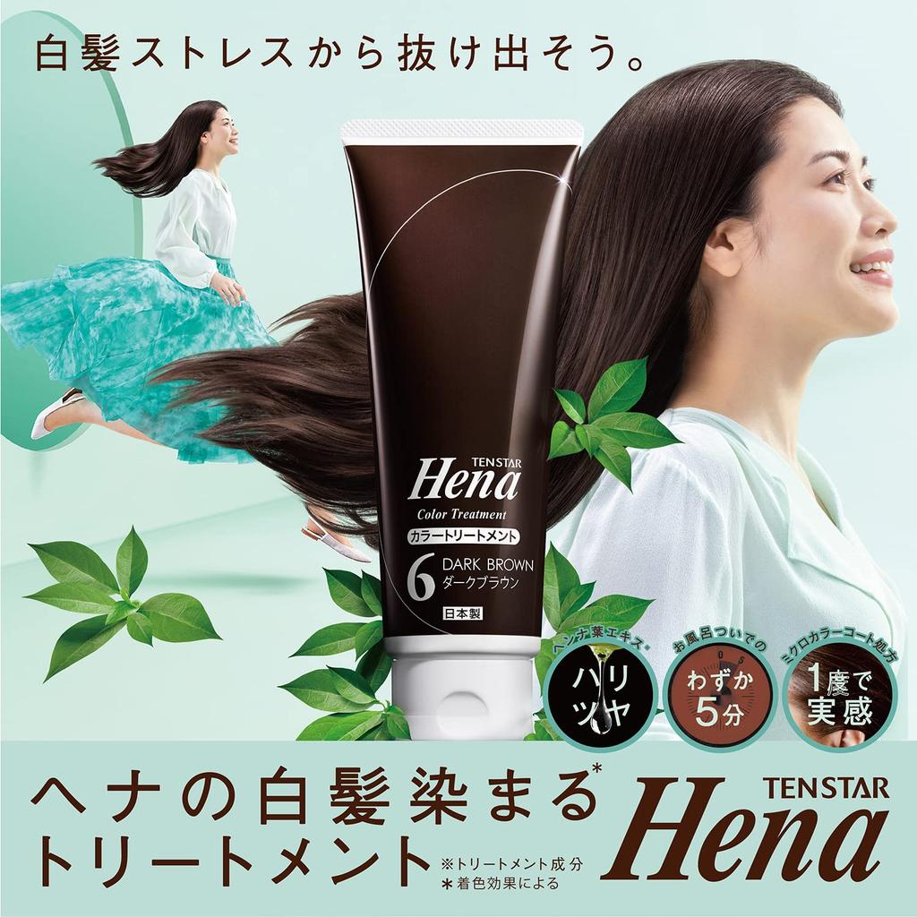 Tenstar Henna Color Treatment with Coloring Cap and Point for Gray Hair Made in Soft 250g x 2 Bottles Brush, Dye, Japan, Black,