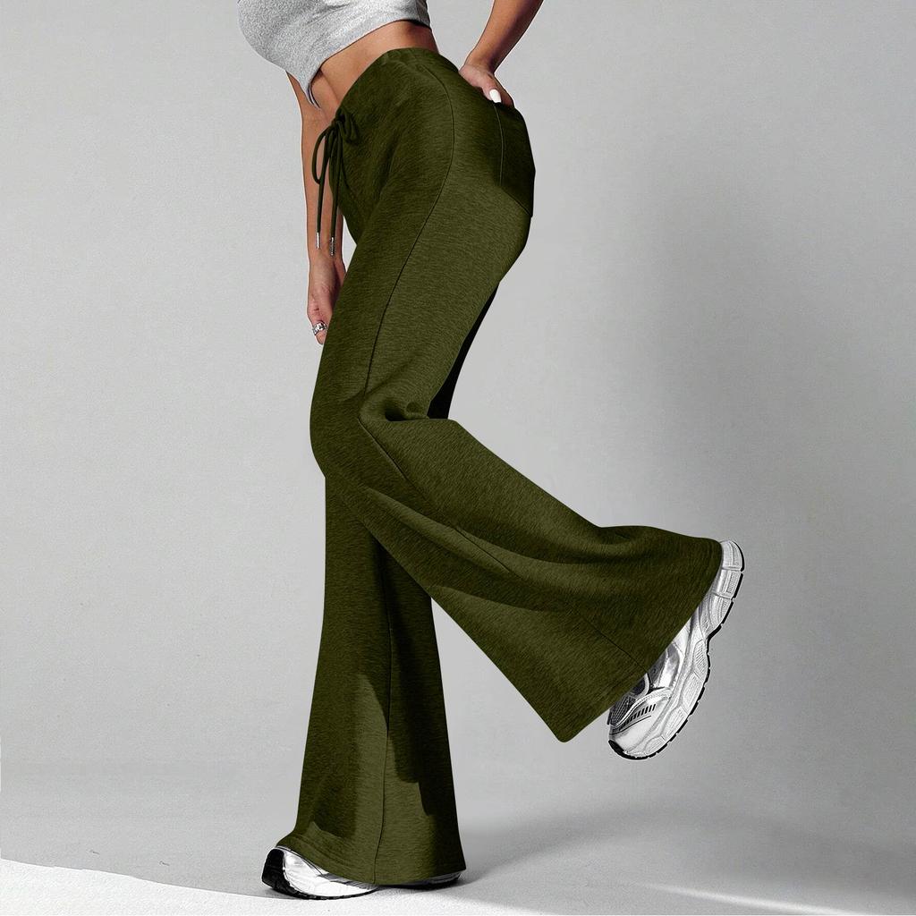 Ladies Fashion Loose Draw String Waist Solid Color Cargo Pants Leisure Flares