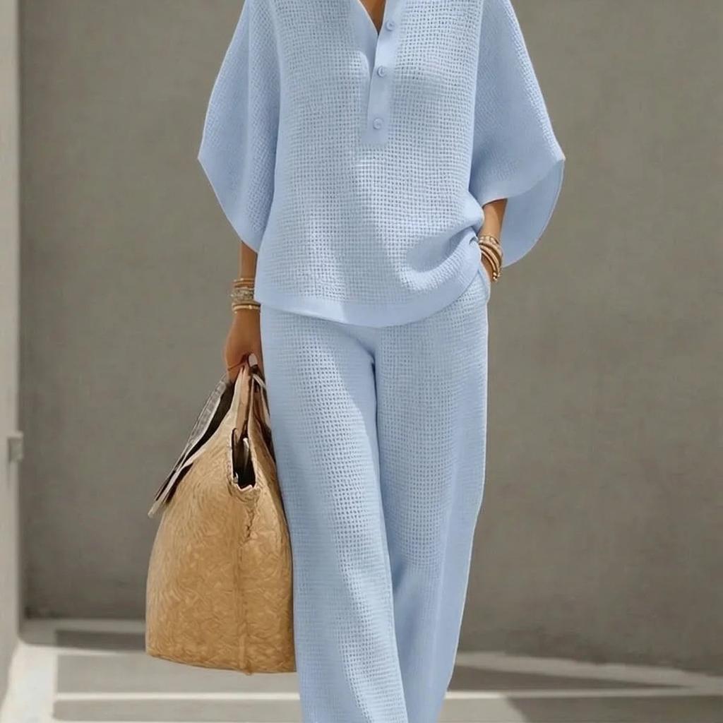 2026 European and American Cross-border Women's Clothing Casual Loose Breathable Solid Color Button-up Shirt Top Wide-leg Pants Set Summer