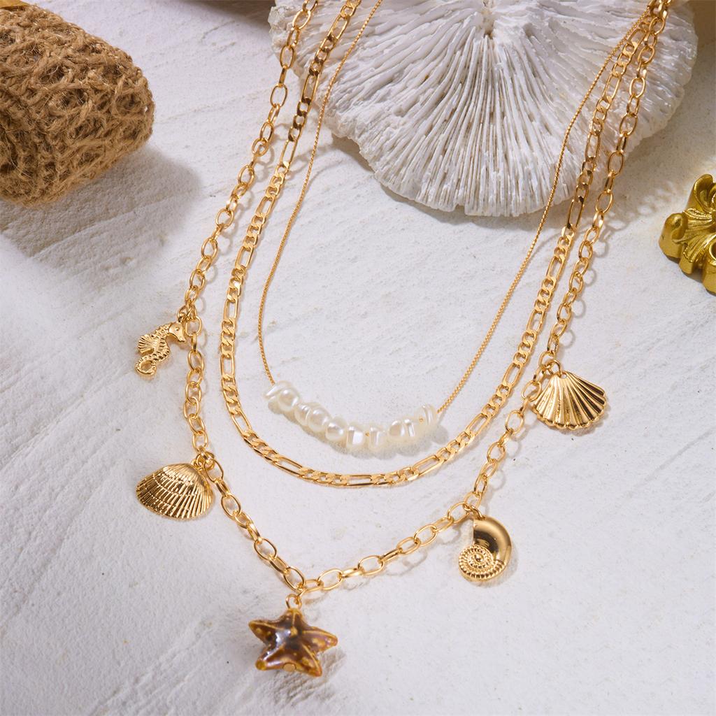 3pcs Ceramic Starfish Pendant Necklace for Women Metal Shell Conch Multi-Layered Clavicle Chain Summer Vacation Travel Jewelry