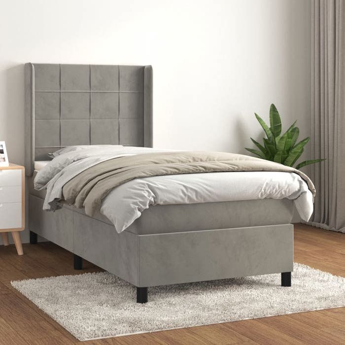 Lit avec sommier et matelas - Maison Exclusive - Velours gris clair - 90x200 cm - Tête de lit réglable