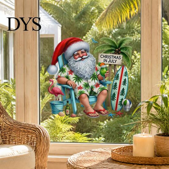 Outdoor Holiday Store Window Art Summer Christmas Static Cling, Beach Santa Claus Glass Sticker, Large Floor to Ceiling Decor Waterproof PVC