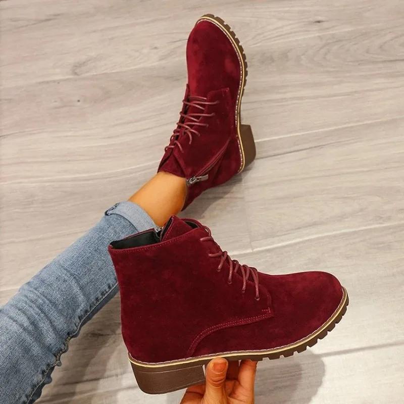 Retro Short Boots  Autumn Winter New Round Head Solid Color Simple Side Zipper Versatile Anti Slip Women's Shoes Large Size