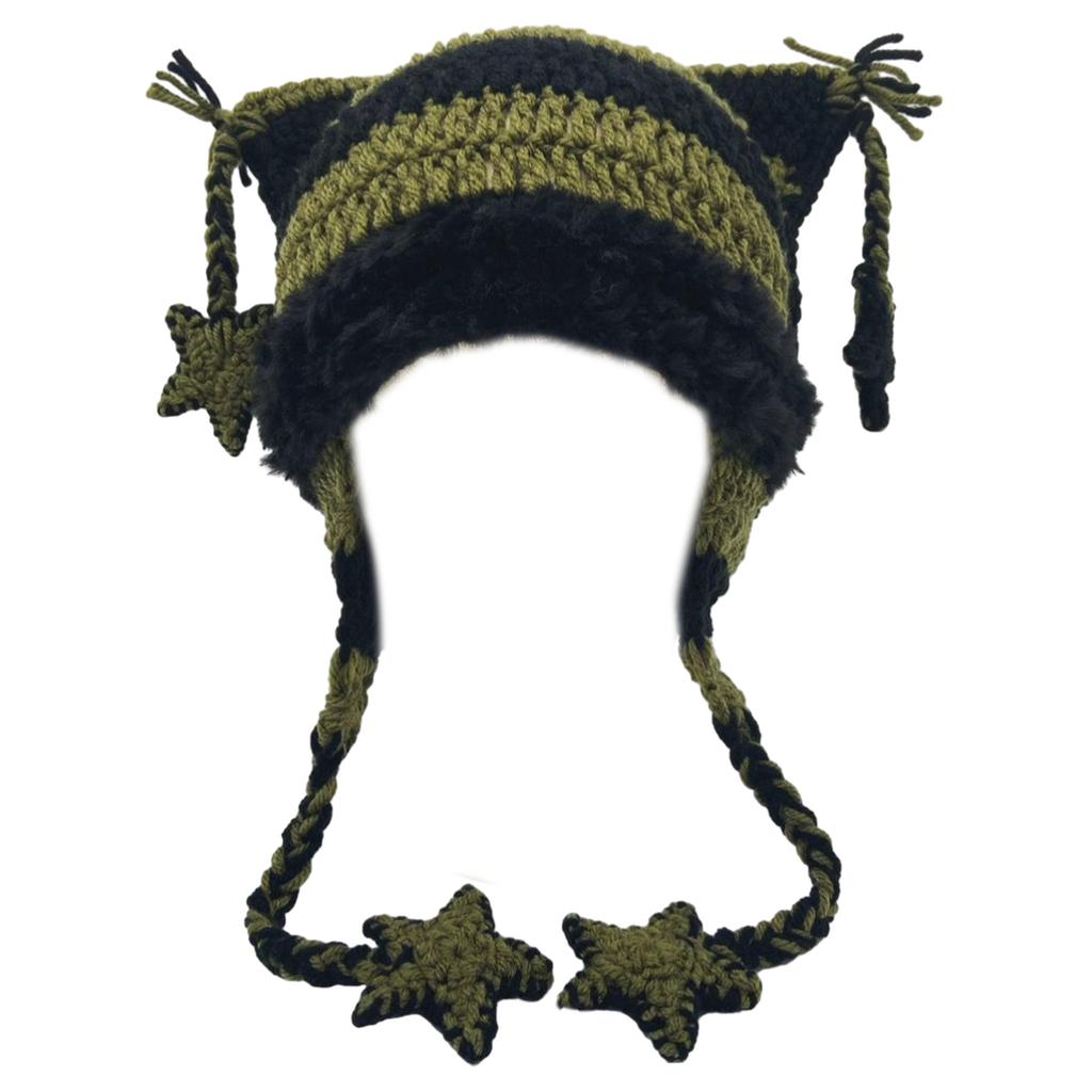 Cartoon Kitten Hat Girls Headgear for Outdoors Activities Skiing with Mini Ears Crocheted Beanie for Skiing Camping