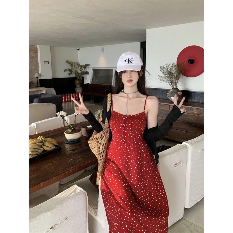 Kumikumi French Style Vacation Style Red Small Floral Sling Dress Women's Summer Tight Waist Slimming A- Line Skirt Long Dress