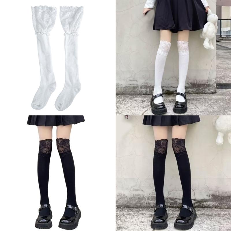Women Lace Patchwork Knee High Socks Frilly Thigh High Stockings Cotton Leg Warmers Lolitas Long Boot Socks Calf Socks