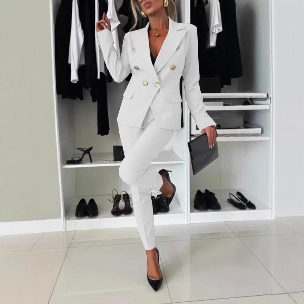 Women's Double Breasted Slim Fit Blazer and Trousers Suit Set