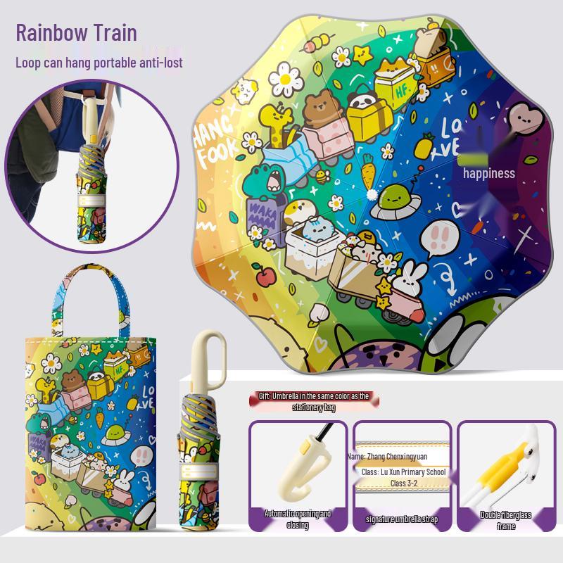 Dual-Use Automatic Folding Children's Umbrella with Ring Buckle – Sun Protection for School Boys and Girls